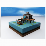 卡通风海边海岛木屋建筑房屋C4D场景模型3D素材带材质贴图