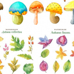 水彩蘑菇秋叶矢量素材