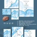 水彩蓝色海洋风婚礼邀请函套件PSD分层源文件下载
