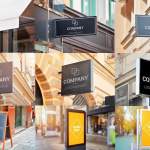 9款街头商铺门店抬头招牌指示板立式车站牌样机PSD智能贴图模型