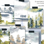 【图片素材】100种冬季水彩山脉迷雾森林树木小屋动物鸟兽艺术插画设计图片素材