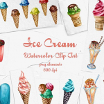36种不同的冰淇淋水彩剪贴画PNG免扣素材