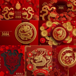 28款Ai设计模板2024新春龙年窗花剪纸海报