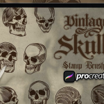 10个适用于Ipad绘画的复古骷髅魔鬼头像Procreate笔刷