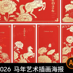 2026马年春节新年花卉图案艺术简约红金色海报背景AI矢量设计素材